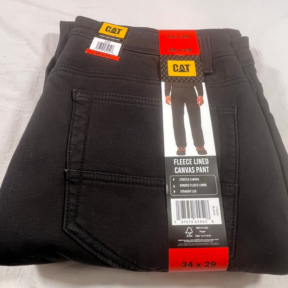 CAT Fleece Lined Canvas Pant Mens 34 Black NEW Stretch Straight Leg New